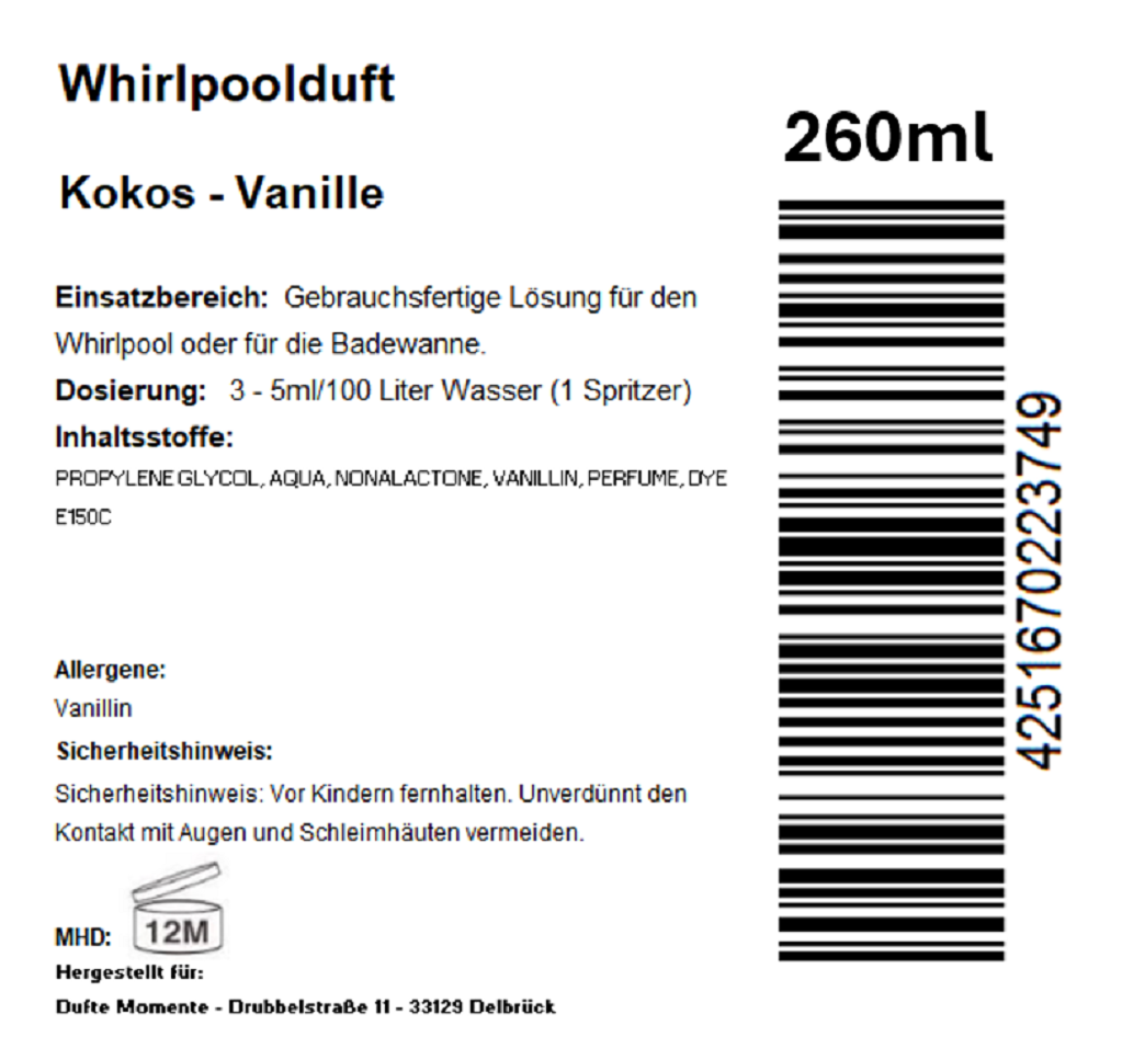 Whirlpoolduft 260 ml Etikett Kokos - Vanille
