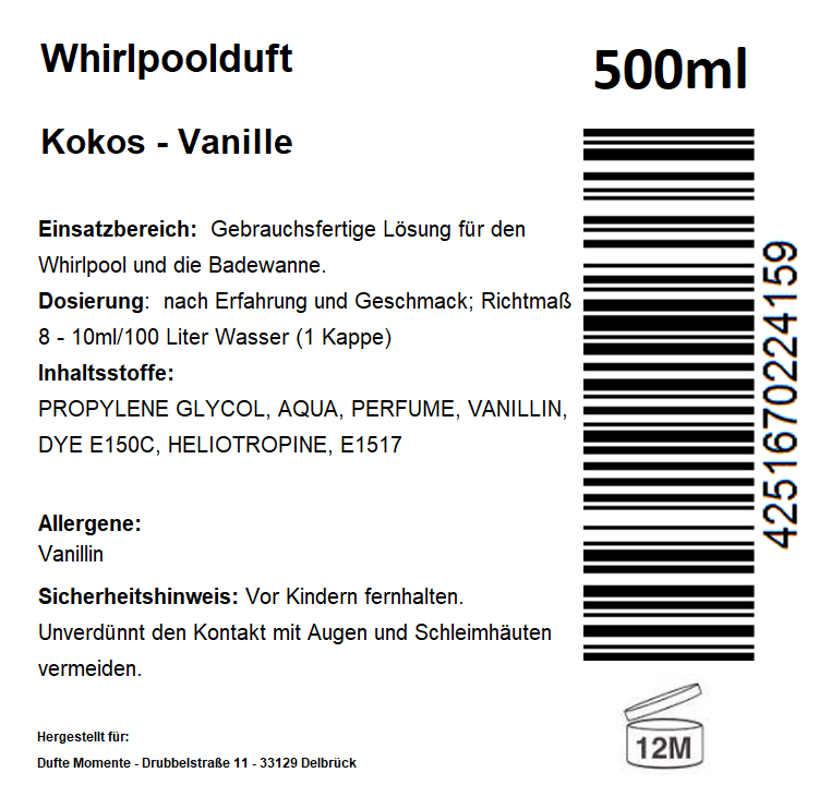 Whirlpoolduft 500 ml Etikett Kokos - Vanille