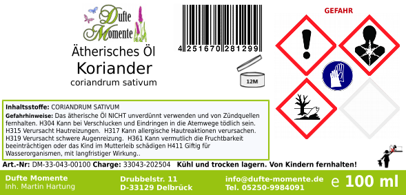 Ätherisches Öl Etikett 100 ml Koriander