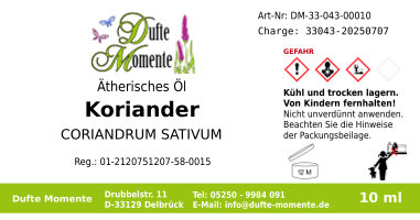 Ätherisches Öl Etikett 10 ml Koriander