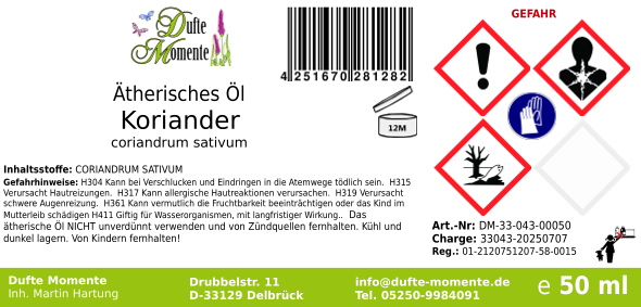 Ätherisches Öl Etikett 50 ml Koriander
