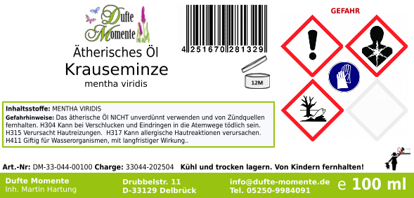 Ätherisches Öl Etikett 100 ml Krauseminze