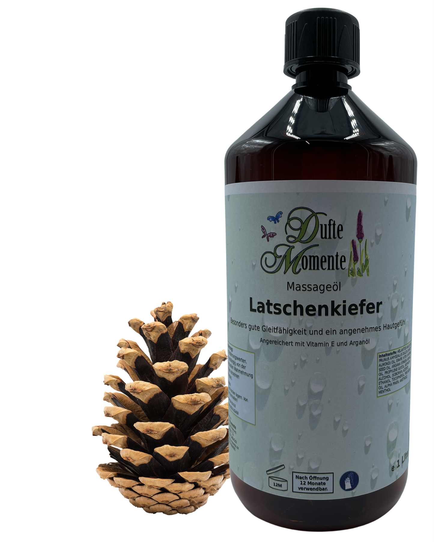Massageöl 1 Liter Latschenkiefer mit visualisierten Bestandteilen