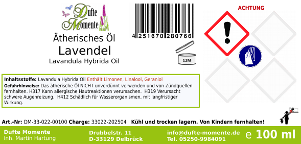 Ätherisches Öl Etikett 100 ml Lavendel