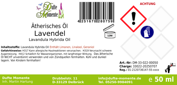 Ätherisches Öl Etikett 50 ml Lavendel