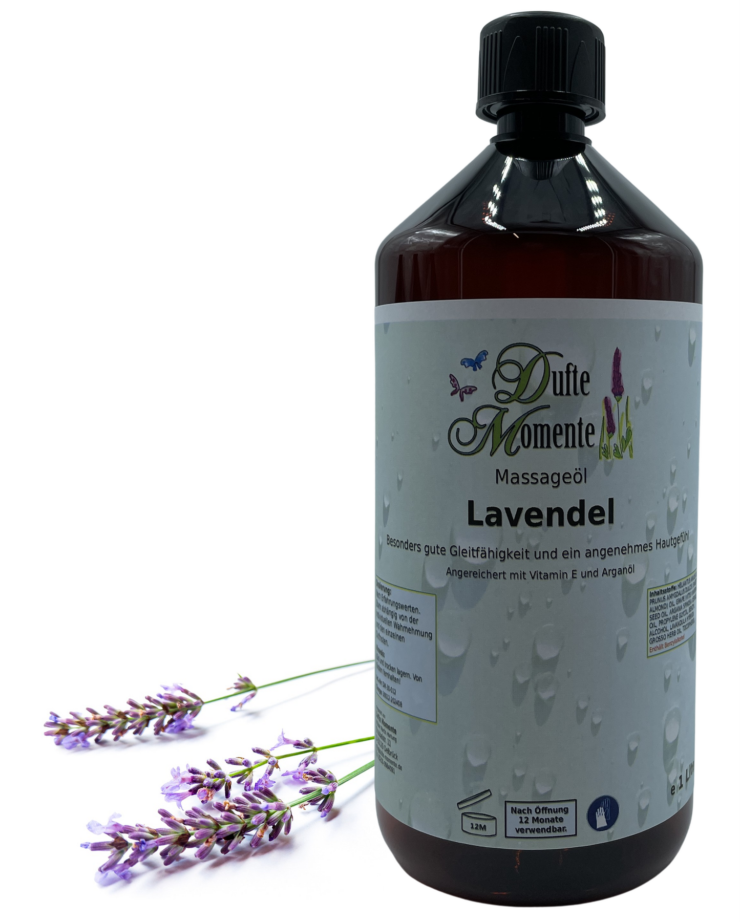 Massageöl 1 Liter Lavendel mit visualisierten Bestandteilen