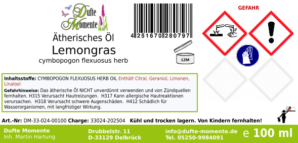 Ätherisches Öl Etikett 100 ml Lemongras