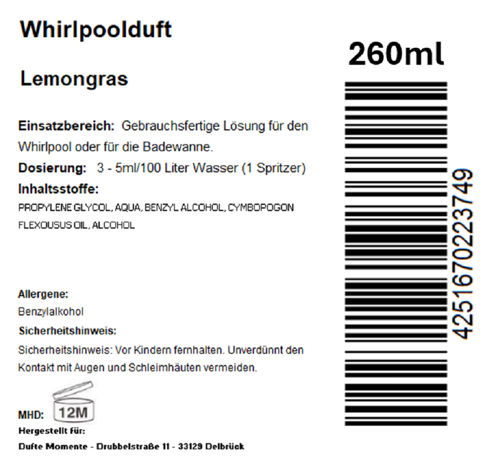 Whirlpoolduft 260 ml Etikett Lemongras