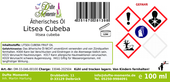 Ätherisches Öl Etikett 100 ml Litsea Cubeba