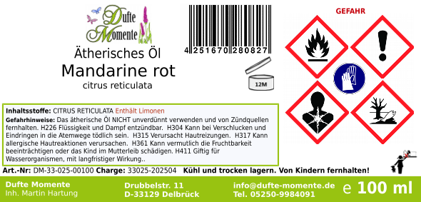 Ätherisches Öl Etikett 100 ml Mandarine rot