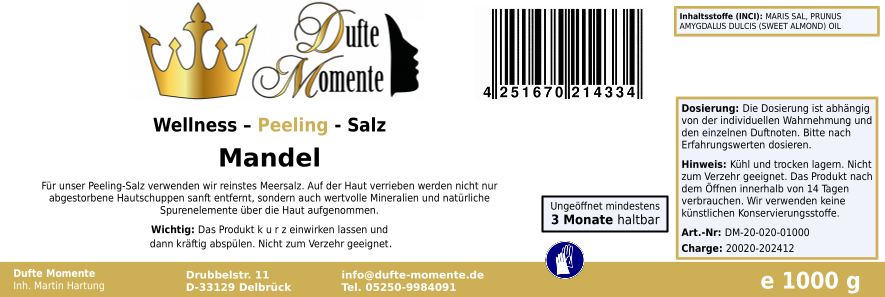 Mandelöl - 1 kg Salz Körperpeeling, mit BIO-Meersalz