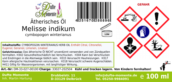 Ätherisches Öl Etikett 100 ml Melisse indikum