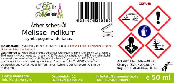 Ätherisches Öl Etikett 50 ml Melisse