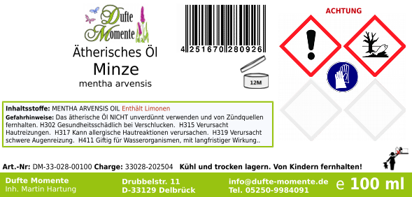 Ätherisches Öl Etikett 100 ml Minze