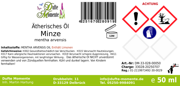 Ätherisches Öl Etikett 50 ml Minze