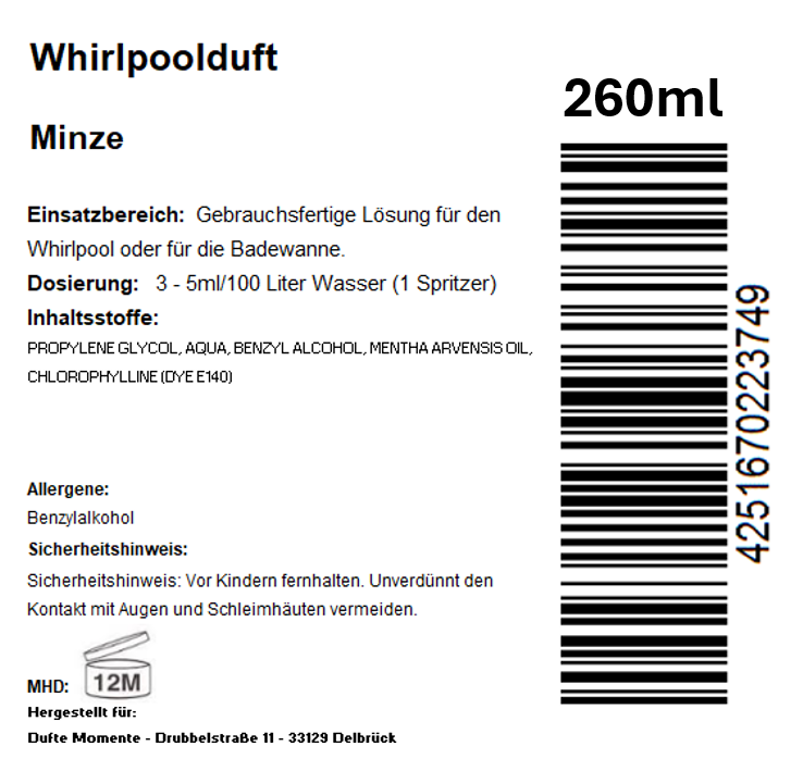Whirlpoolduft 260 ml Etikett Minze