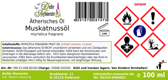 Ätherisches Öl Etikett 100 ml Muskatnuss