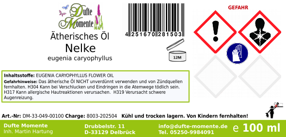 Ätherisches Öl Etikett 100 ml Nelke