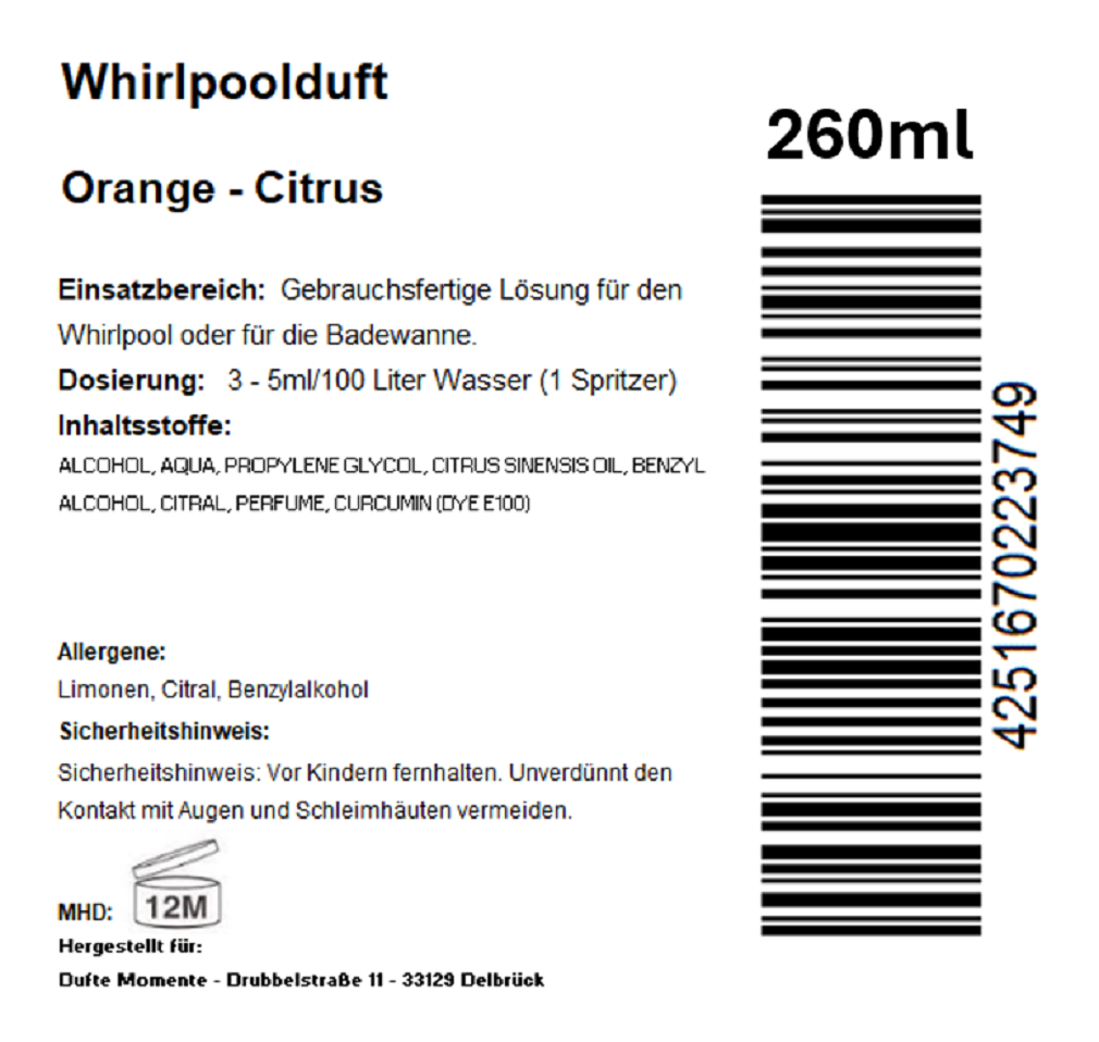 Whirlpoolduft 260 ml Etikett Orange - Citrus