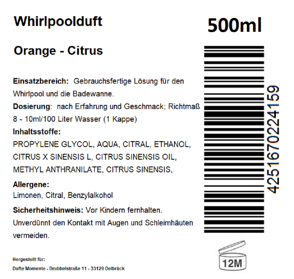 Whirlpoolduft 500 ml Etikett Orange - Citrus