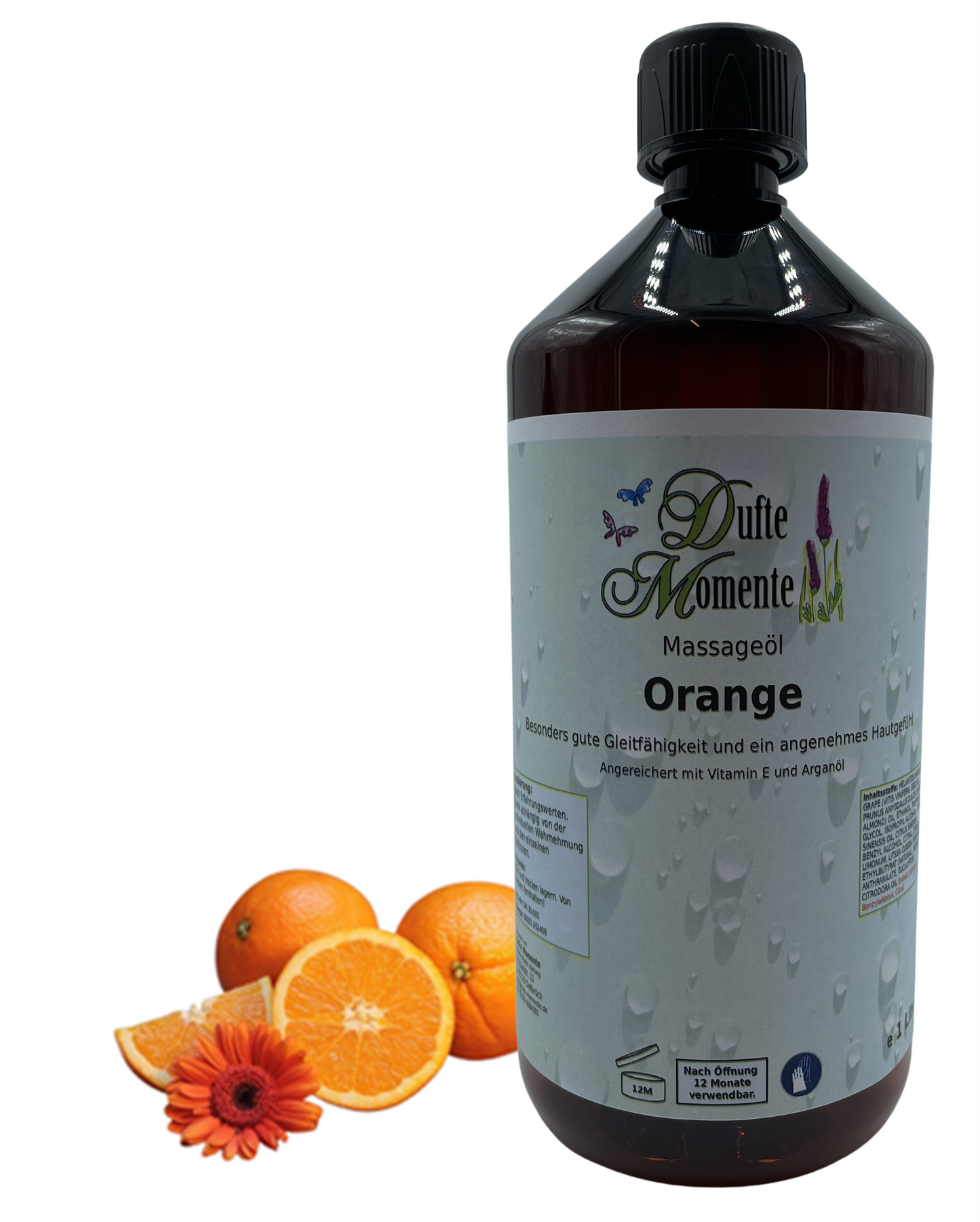 Massageöl 1 Liter Orange mit visualisierten Bestandteilen