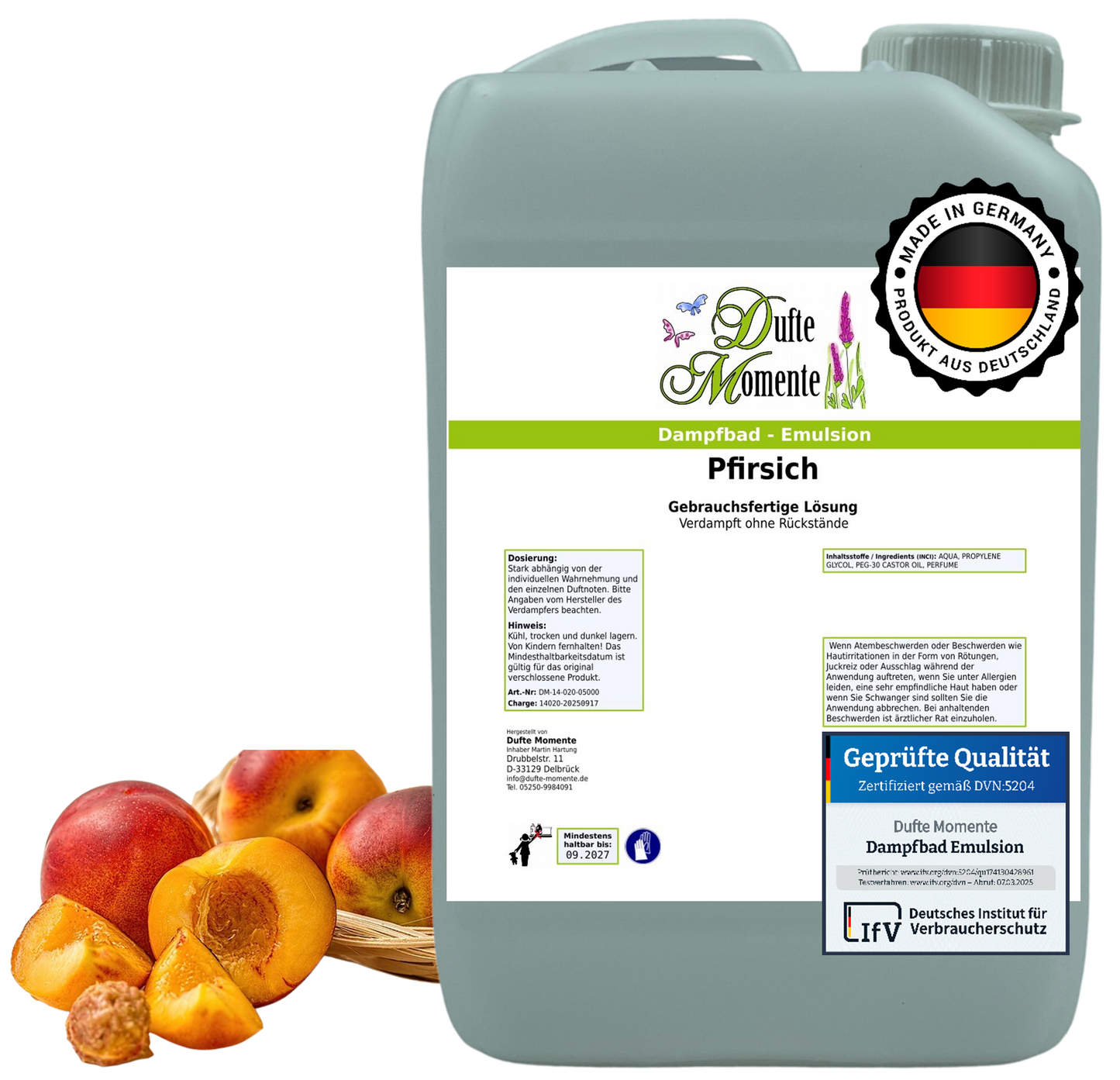 Dampfbad-Emulsion Pfirsich | Gebrauchsfertig & DVN-Zertifiziert für Dein Home-Spa | 3L, 5L, 10L