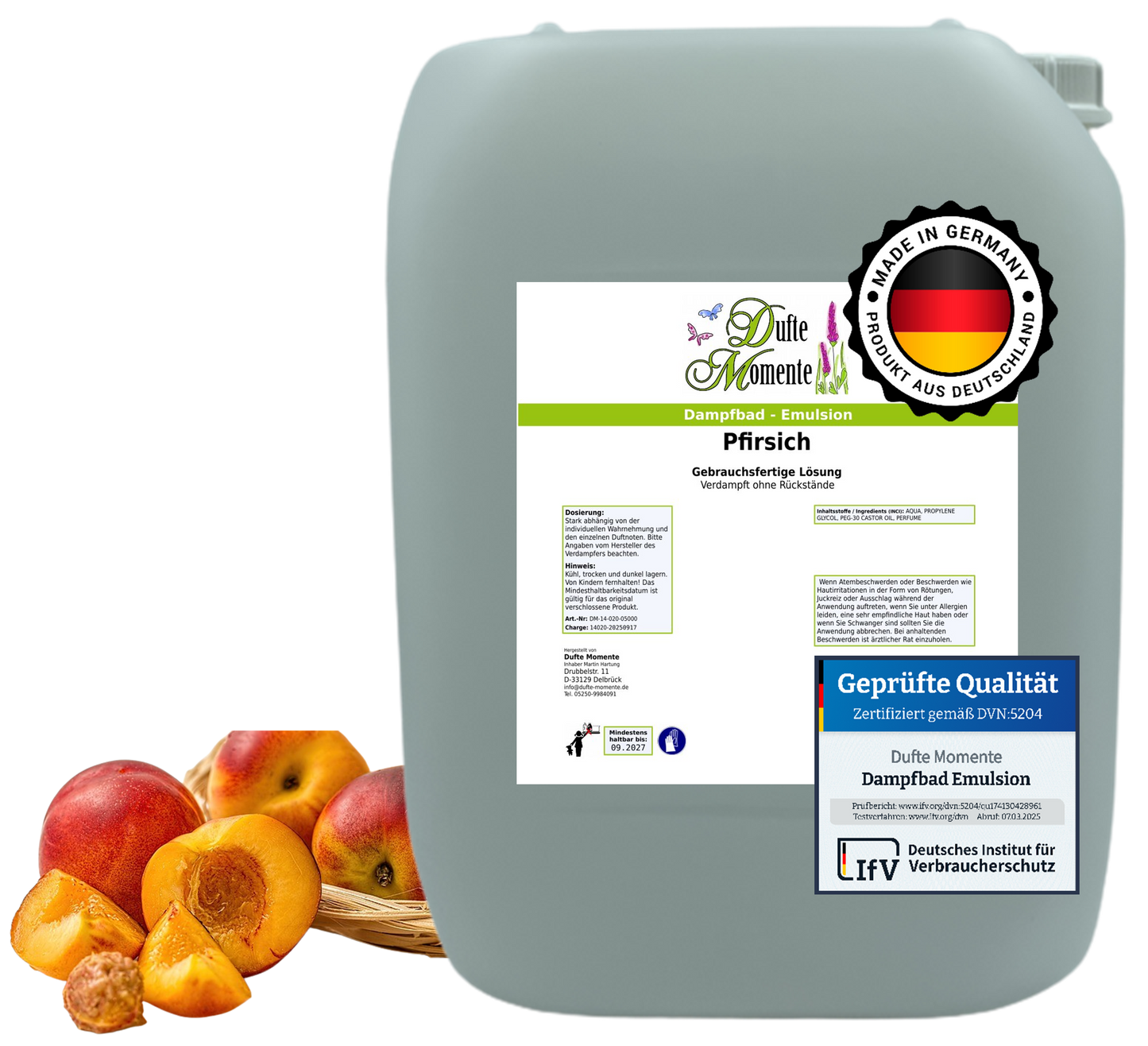 Dampfbad-Emulsion Pfirsich | Gebrauchsfertig & DVN-Zertifiziert für Dein Home-Spa | 3L, 5L, 10L