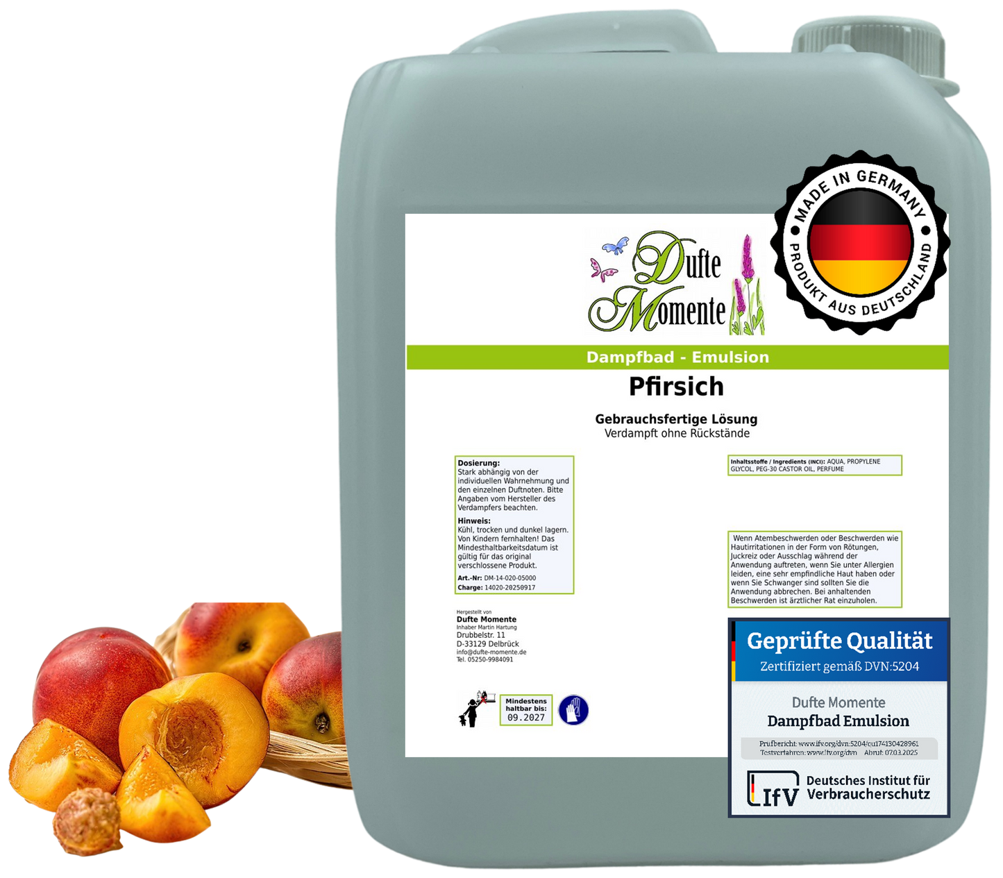 Dampfbad-Emulsion Pfirsich | Gebrauchsfertig & DVN-Zertifiziert für Dein Home-Spa | 3L, 5L, 10L