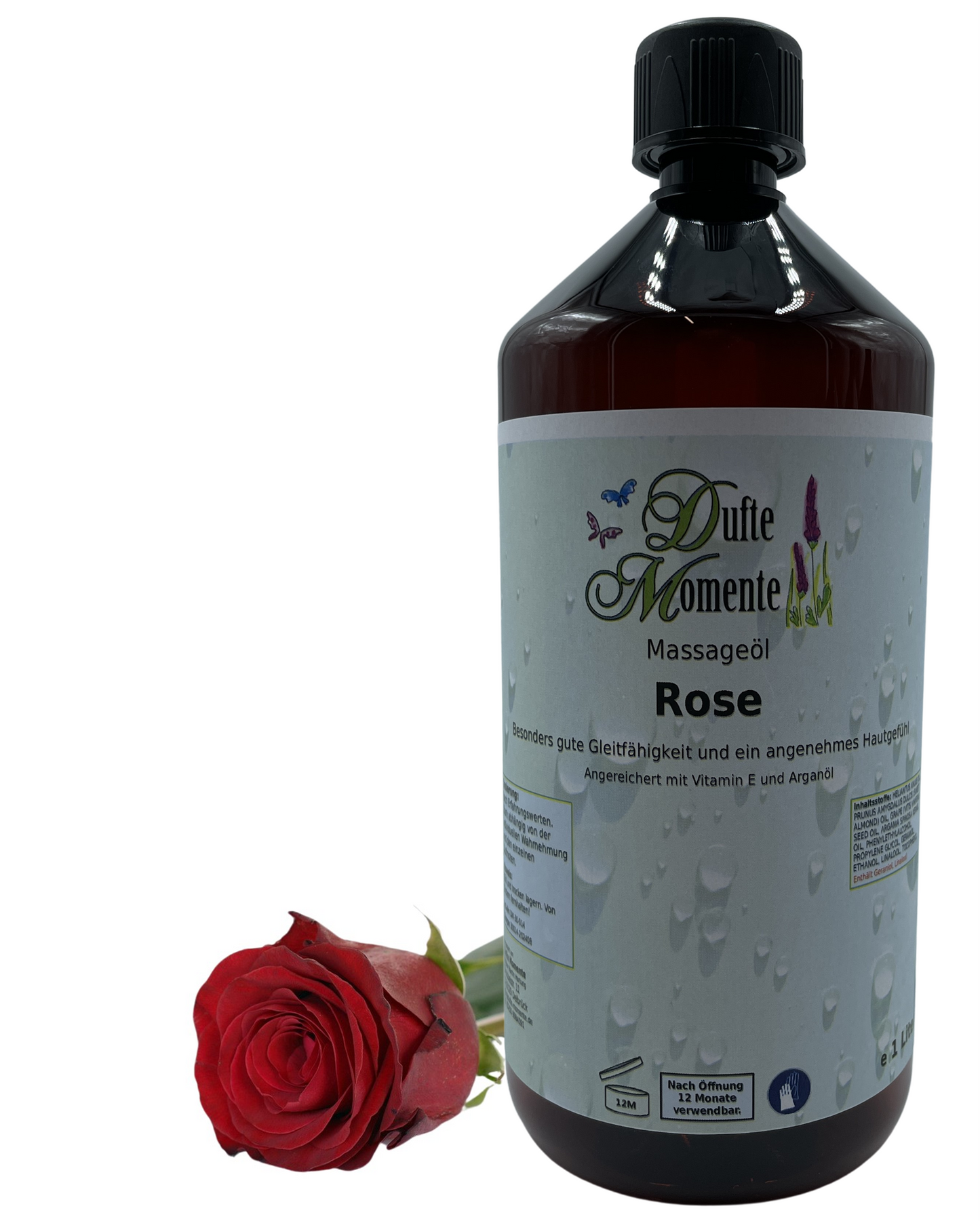 Massageöl 1 Liter Rose mit visualisierten Bestandteilen
