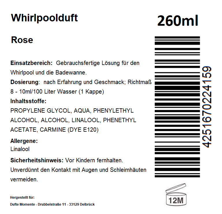 Whirlpoolduft 260 ml Etikett Rose