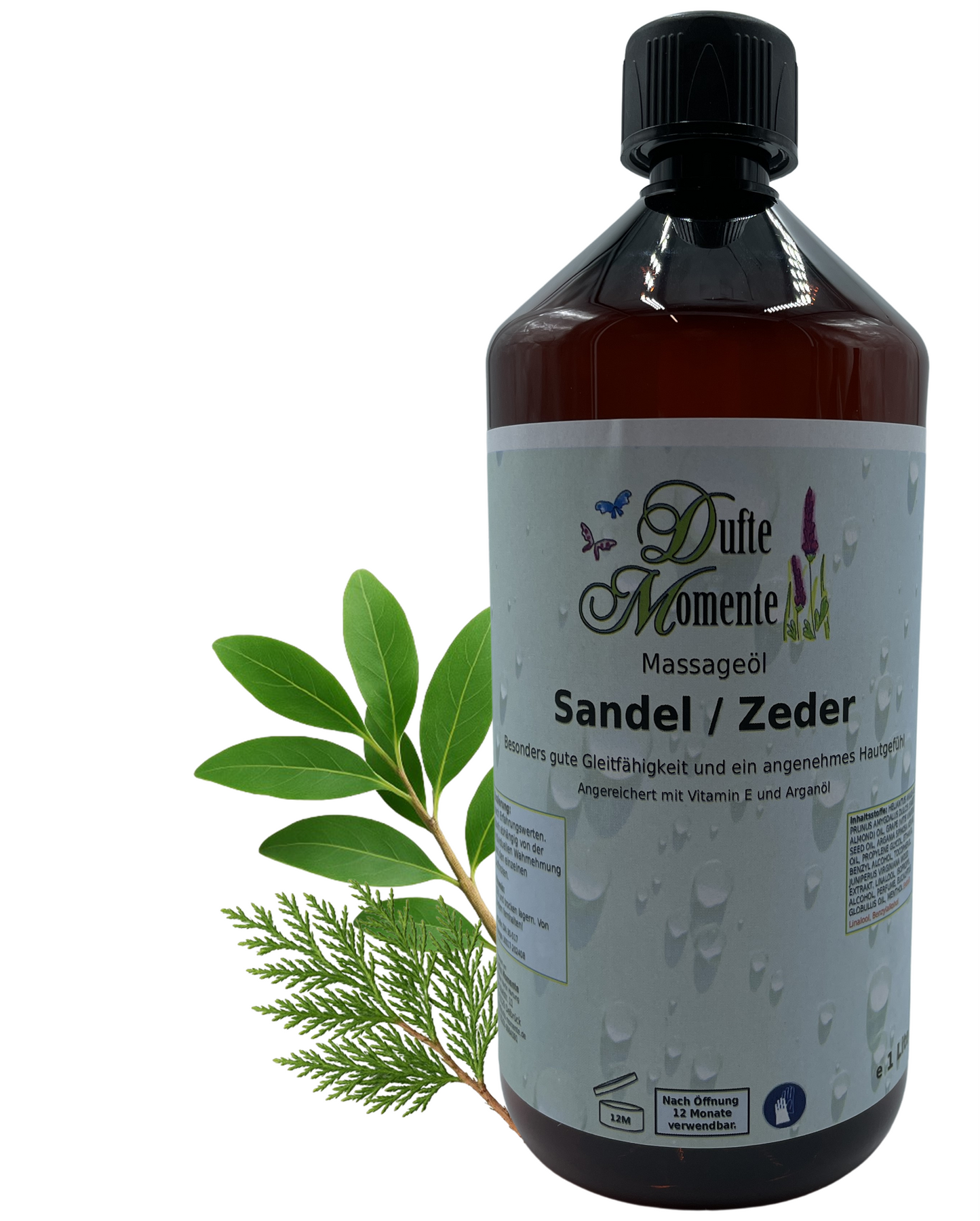 Massageöl 1 Liter Sandelholz-Zeder mit visualisierten Bestandteilen