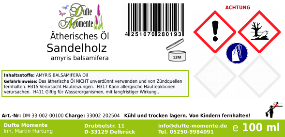 Ätherisches Öl Etikett 100 ml Sandelholz