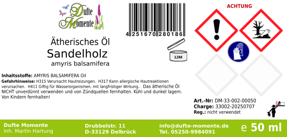 Ätherisches Öl Etikett 50 ml Sandelholz