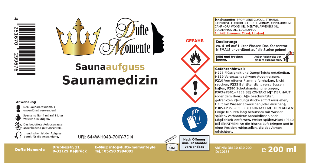 Saunaduft Konzentrat Etikett 200 ml Saunamedizin