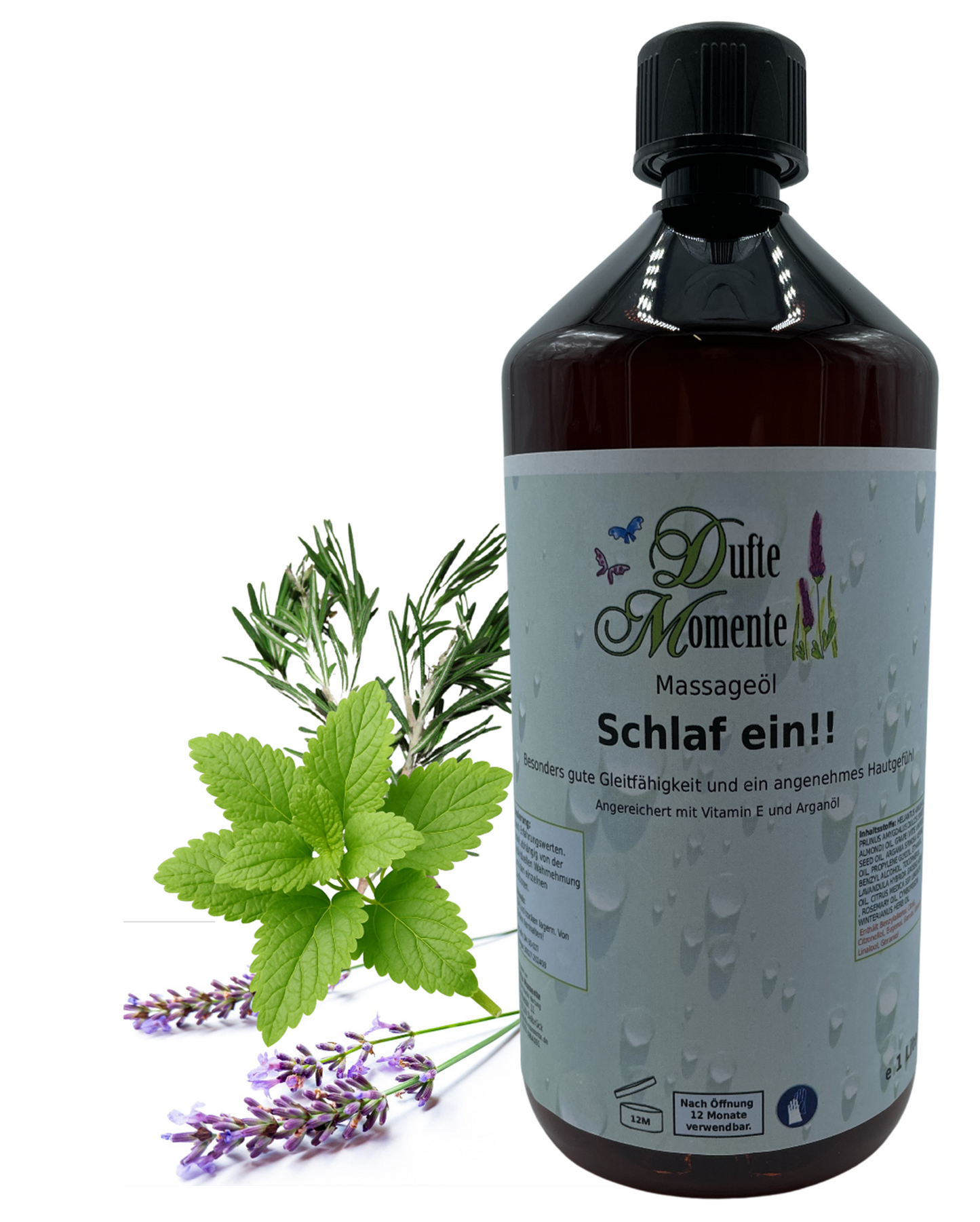 Massageöl 1 Liter Schlaf ein mit visualisierten Bestandteilen
