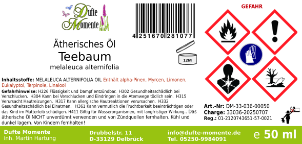 Ätherisches Öl Etikett 50 ml Teebaum