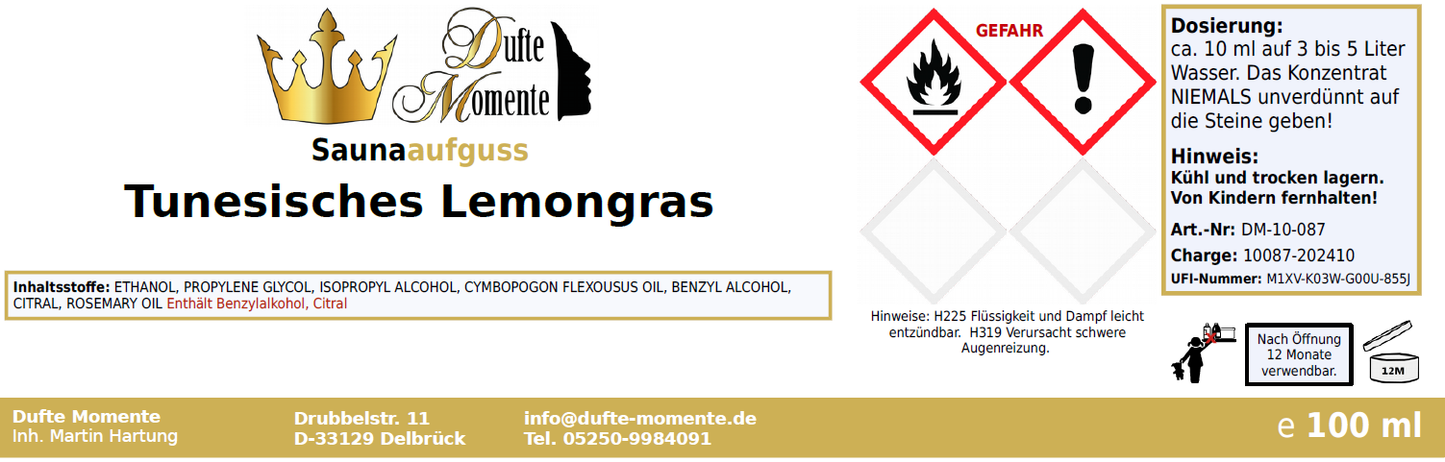 Saunaduft Konzentrat Etikett 100ml Tunesisches Lemongras