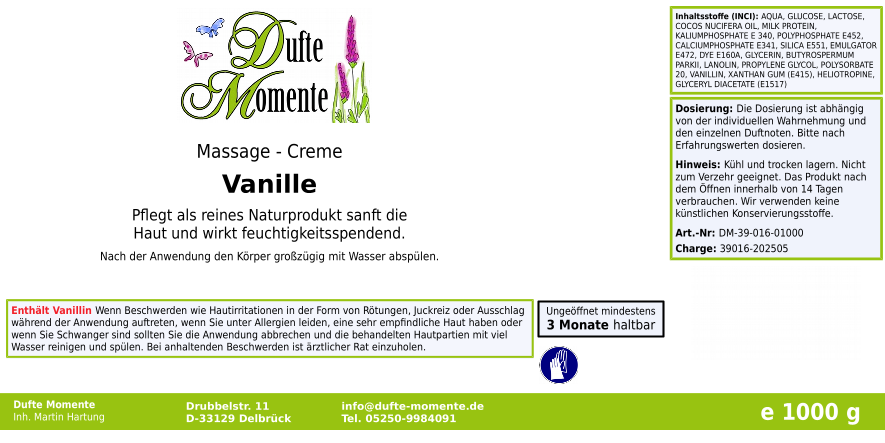 Massage-Creme Vanille - 1 kg, mit hochwertiger Sheabutter
