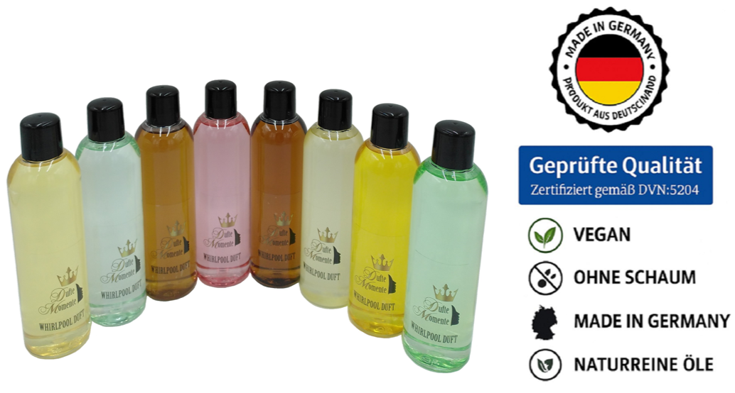 Whirlpooldüfte – 8 x 260 ml – Cuba Sunset, Eukalyptus, Jasmin, Kokos-Vanille, Lemongras, Orange-Citrus, Honig-Mandel & Polarminze – gebrauchsfertig, vegan, ohne Tierversuche