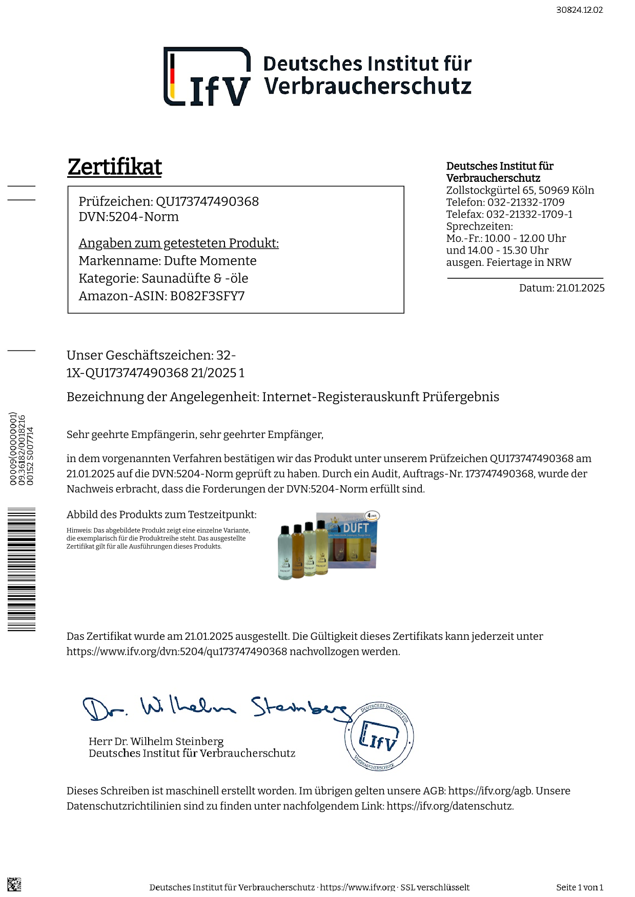 Zertifikat des IfV zu Whirlpooldüfte von Dufte Momente