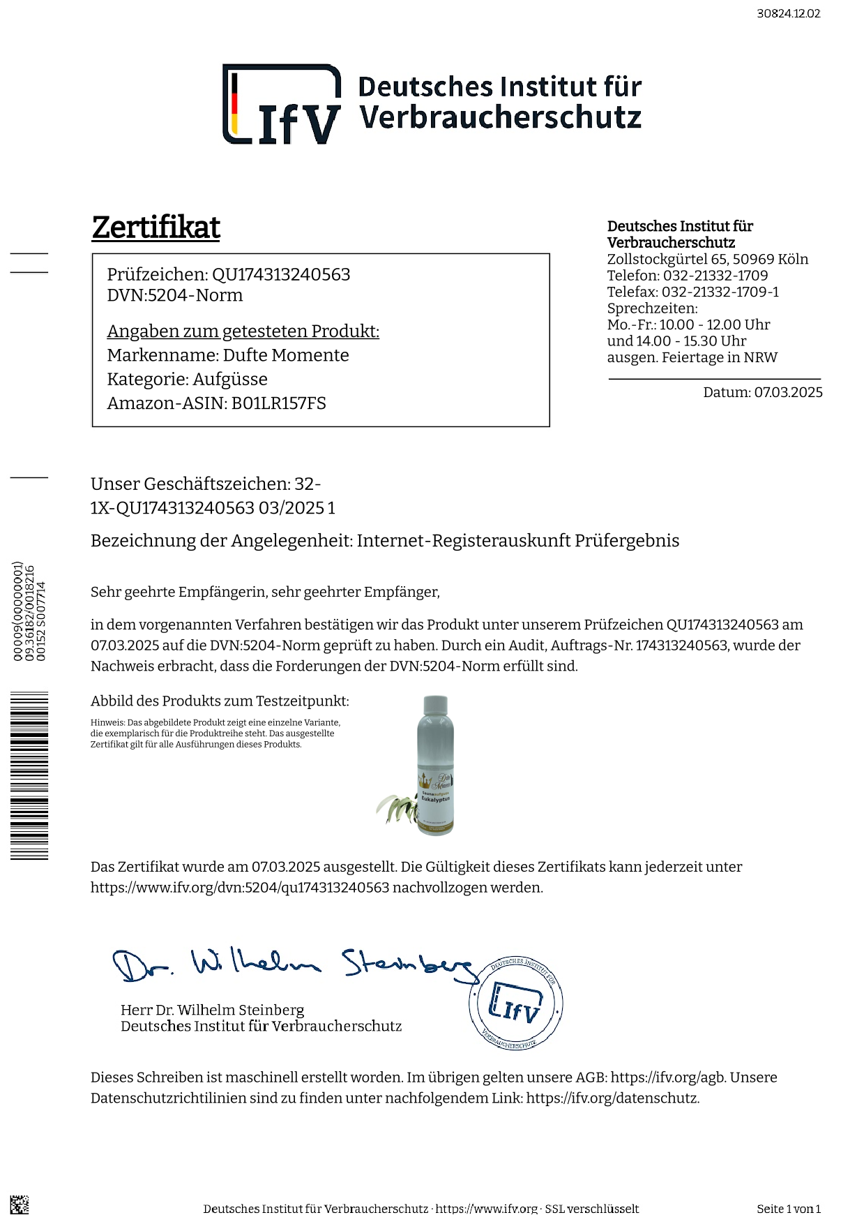 Zertifikat des IfV zu Saunadüfte von Dufte Momente