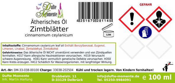Ätherisches Öl Etikett 100 ml Zimtblätter