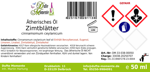 Ätherisches Öl Etikett 50 ml Zimtblätter