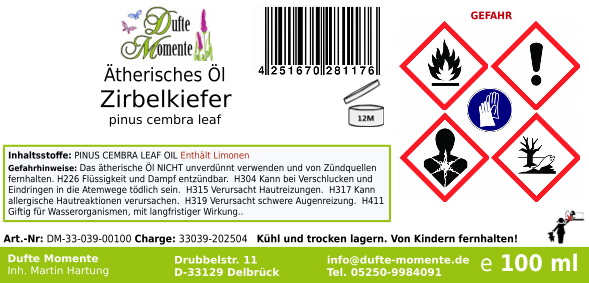 Ätherisches Öl Etikett 100 ml Zirbelkiefer