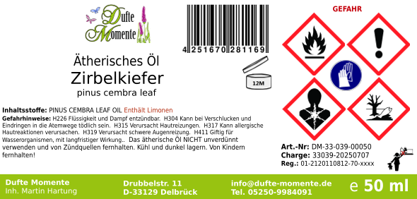 Ätherisches Öl Etikett 50 ml Zirbelkiefer