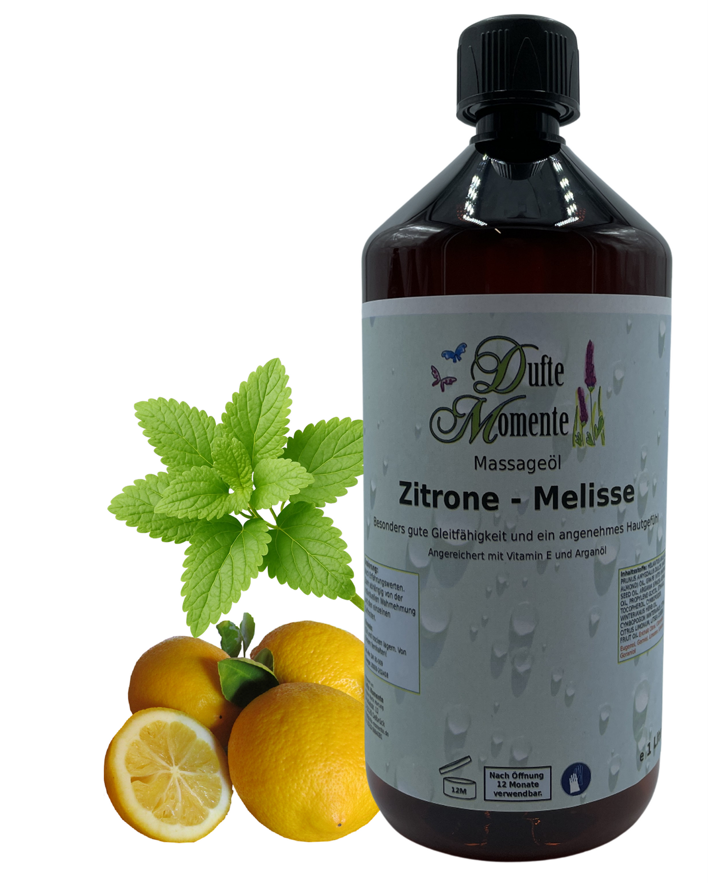 Massageöl 1 Liter Zitrone-Melisse mit visualisierten Bstandteilen