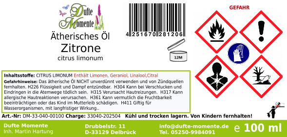Ätherisches Öl Etikett 100 ml Zitrone