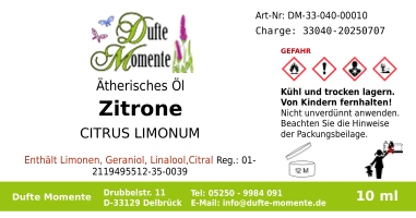 Ätherisches Öl Etikett 10 ml Zitrone