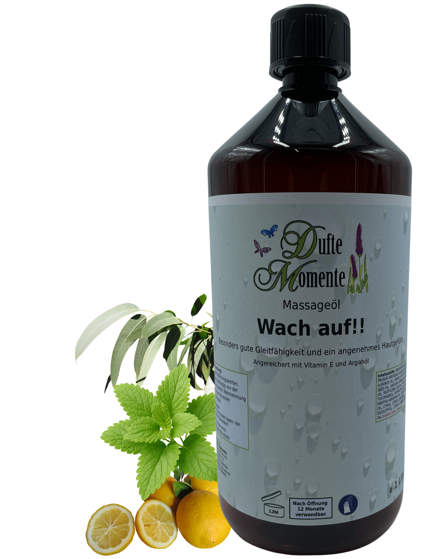 Massageöl 1 Liter wach auf mit visualisierten Bestandteilen