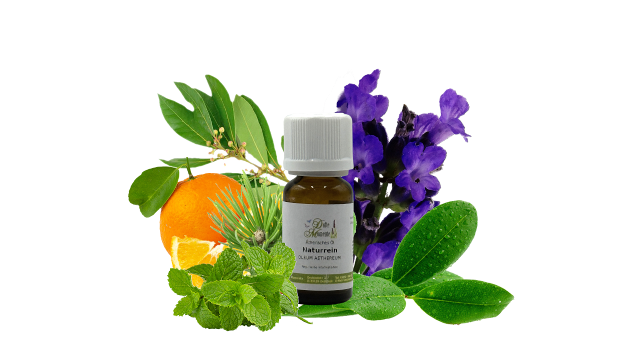Ätherisches Öl in der 10 ml Braunglas-Flasche mit Blüten, Früchten und Kräutern.